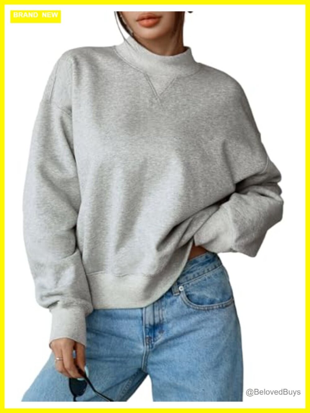 Womens Cropped Mock Neck Sweatshirt 85% Cotton Relaxed Fit Pullover